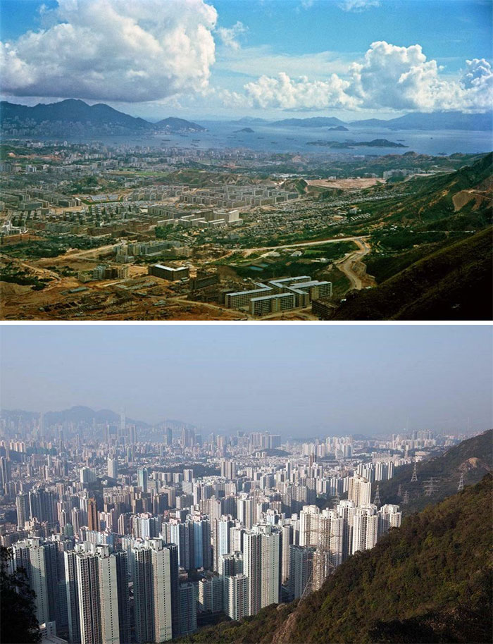 Bu fotoğraflardan bir tanesi 1964’te Hong Kong’daki Kowloon Yarımadası’nı gösterirken diğeri 2016’daki halini gösteriyor