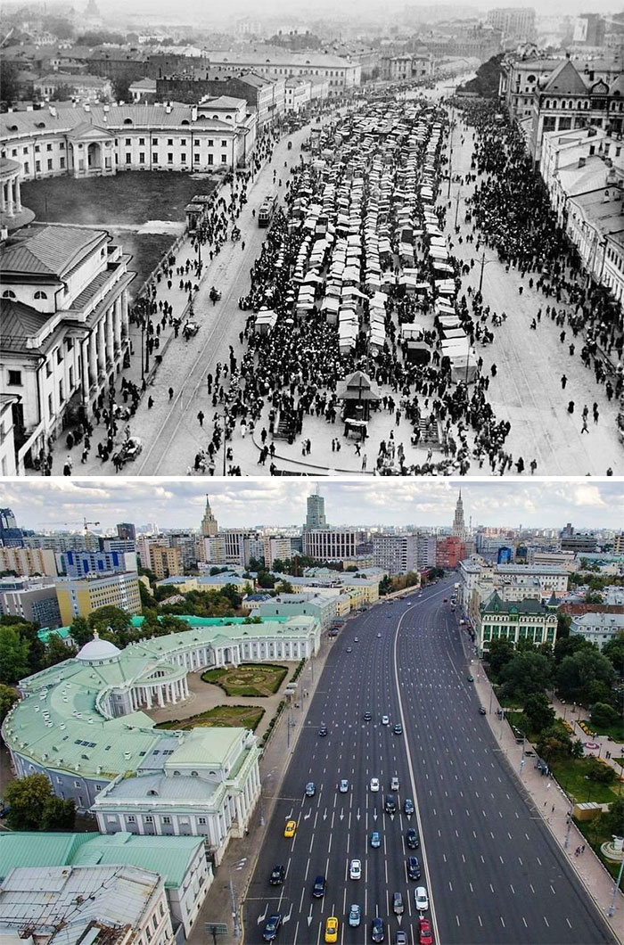 Bu fotoğraflar Rusya’dan ve görünüşe bakılırsa eskiden burada bir pazar meydanı varmış. Şimdi ise onun yerine bu yeni, 16 şeritli yol var.
