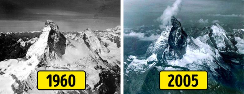 İsviçre'deki Matterhorn Dağı. Artık eskisi kadar kar yok, çünkü küresel ısınma başladı...