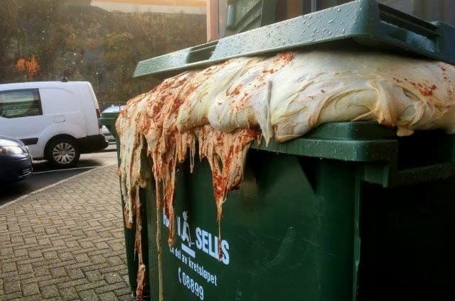 Çöp konteynırında kabarmaya devam eden pizza hamuru